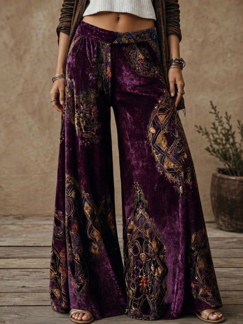 Purple Boho Women's Casual Floral Print Wide Leg Flowy Trousers - Picture 3 of 3